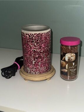 Pink Zebra Simmering Lights wax warmer base crackle glass shade Root Beer Wax